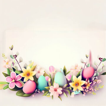 blank empty white poster paper with flower and easter egg decoration background.generative AI