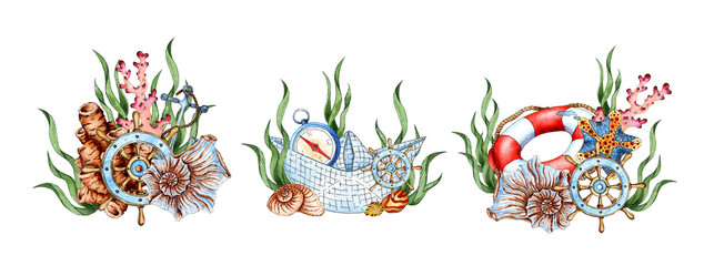 A set of watercolor illustrations of a helm, compass, shells, coral, lifebuoy, paper boat and seaweed. Cliparts for posters, postcards, banners, flyers, covers, posters and other isolated printing