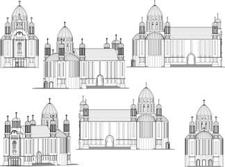 Vector sketch illustration of vintage classic old holy church architectural design with many towers