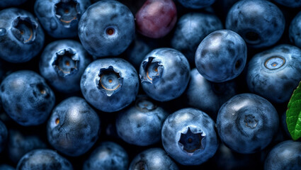 Top view of bright ripe fragrant blueberries with water drops background