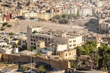 Naklejka premium Elevated view of rooftops of houses in Fes el-Bali medina, Fez, Morocco