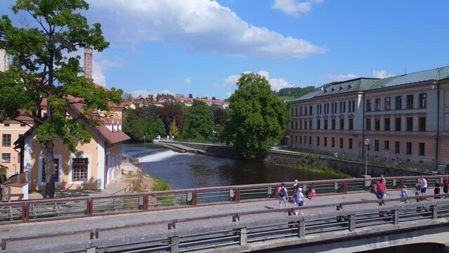 Best aerial top view flight drone. Cesky Krumlov old town moldova river.