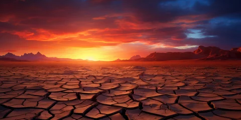 Tuinposter dramatic sunset over cracked earth. Desert landscape background. © Cat back G