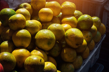Tropical fruits oranges, tangerines, pomegranates on the market in Asia