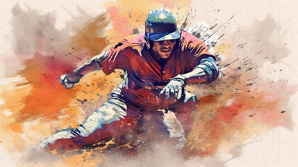 Illustration of baseball player running with a background a colorful splatters.. 
This image was created using AI generative technology.	
