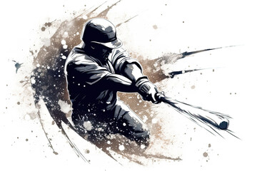 Illustration of baseball player swinging a bat with a background of ink splatter.. 
This image was created using AI generative technology.	