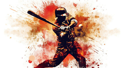 Illustration of baseball player swinging a bat with a background of ink and watercolor splatter.. 
This image was created using AI generative technology.	