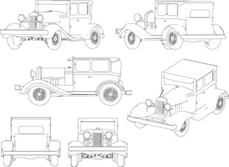 Vector sketch of vintage classic old car design illustration for collection in museum