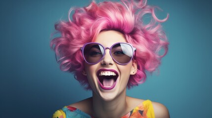 a person with pink hair and glasses