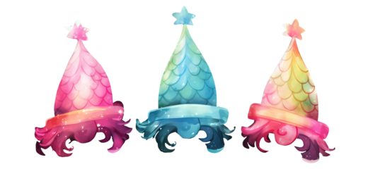Watercolor party hats three different types on white backhround, Mermaid Watercolor, Sealife, Oceanlife, decoration, Under the Sea Clipart, decorative elements, kids story book, fairy tail, greeting