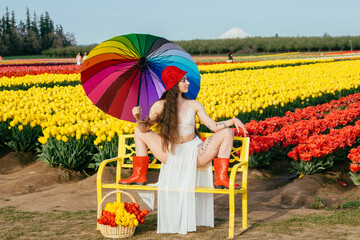 Woman in white dress and red boots with rainbow umbrella on yellow bench before field of red and...