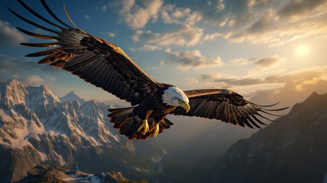 a bald eagle flying over mountains