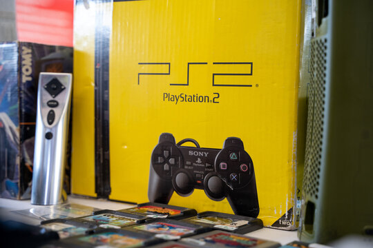 Playstation 2 yellow box at the flea market. Ankara, Turkey - August 6, 2023.