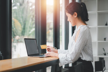 Young confident pretty woman working with laptop and credit card at home