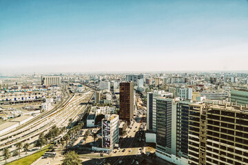 View of the skyline and cityscape of Casablanca city from above before sunset, Morocco