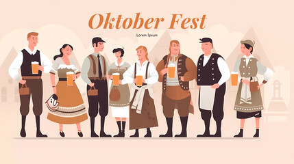 Obraz premium Group Of People wearing traditional clothes drinking beer ,Oktoberfest Celebration. Man And Woman.Flat Vector Illustration.Oktoberfest Festival celebration.