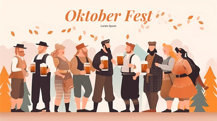 Group Of People wearing traditional clothes drinking beer ,Oktoberfest Celebration. Man And Woman.Flat Vector Illustration.Oktoberfest Festival celebration.