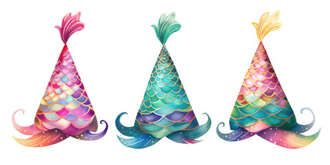 Watercolor party hats three different types on white backhround, Watercolor, Sealife, Oceanlife, decoration, Clipart, decorative elements, birthday party items