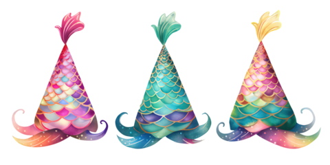 Watercolor party hats three different types on white backhround, Watercolor, Sealife, Oceanlife, decoration, Clipart, decorative elements, birthday party items