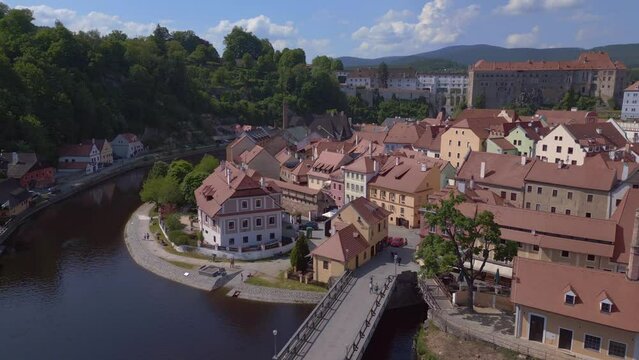 bridge aerial top view flight drone. Cesky Krumlov old town moldova river.