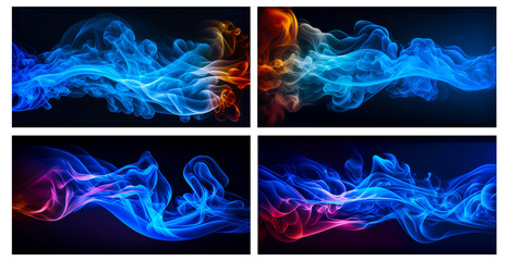 Smoke abstract blue wave set for mobile, web, YouTube, twitter background. Special effects smoke and fire banner. Colorful yellow, blue foggy curves connectivity concept design for technology backdrop