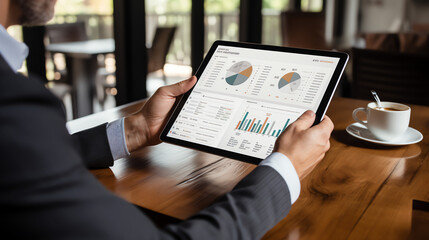 Cafe Productivity: Male Hands Hold Tablet Displaying Detailed Graphs and Charts in a Cozy Coffee Shop Ambiance