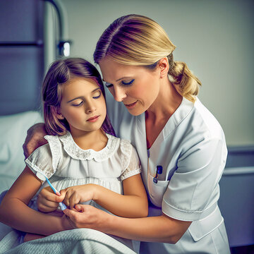 Nurse caregiver providing comfort, healthcare treatment and medicine to young sick child in hospital bed