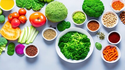Healthy food clean eating selection. Vegetables, herbs, legumes, spices, superfoods over grey background. Top view, flat lay