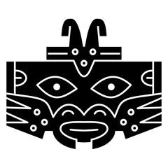 Tribal mask. Ornament of ancient Peru with stylized face. Native American art of Nazca Indians. Black and white negative silhouette.