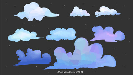 Clouds watercolor hand drawn isolated on black background illustration vector EPS 10