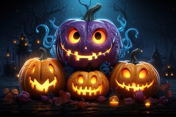 Fototapeta premium Cute 3d Halloween pumpkins neon luminance glow light style background.