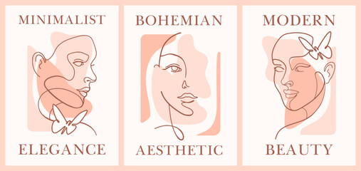 Modern beauty, aesthetic vibe Wall Art. Posters with Line art female faces and nature organic shapes. Beige, pink, Earthy, nude color tones. Minimalist bohemian graphic for beauty thematic.