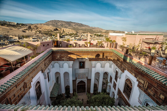 View of Riad in Fes el Bali from above, Medina, Fez, Morocco