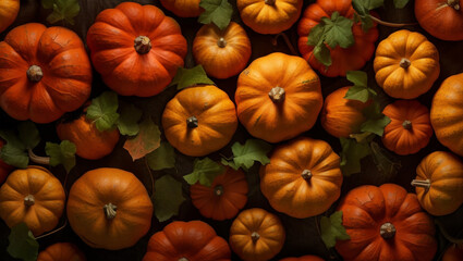 Top view of harvest pumpkins background