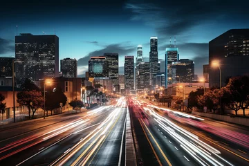 Papier Peint photo Pékin mesmerizing time-lapse photograph showcasing the close-up view of a busy Los Angeles freeway, capturing the constant motion and vibrant energy of the city