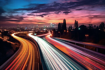 mesmerizing time-lapse photograph showcasing the close-up view of a busy Los Angeles freeway,...