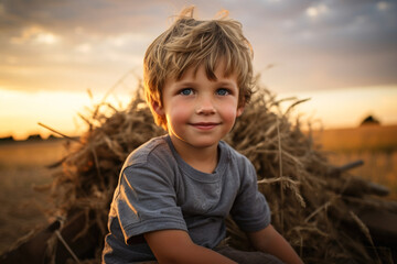 Naklejka na ściany i meble A child sitting on a haystack in a field during sunset