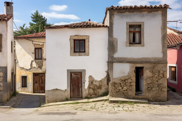 Fototapeta na wymiar A street in a small village with old houses. The houses are white and have red tiled roofs. The street is made of cobblestones