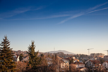Panorama of Banjica district in Belgrade, in Vozdovac municipality, Serbia, with avala tower in background. Called avalski toranj, it's a landmark, attraction, television, radio & broadcasting antenna