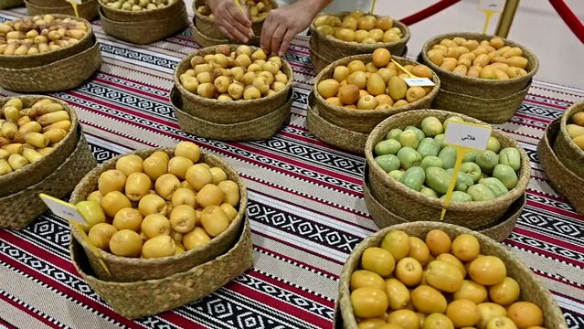 Different varieties of Fresh Emirati Dates are displayed during the Dates Festival in the United Arab Emirates.