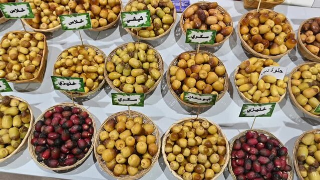 Varieties of fresh Emirati Dates are displayed during the Dates Festival in the United Arab Emirates.