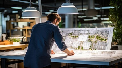 architect working on a blueprint in a modern office generative ai