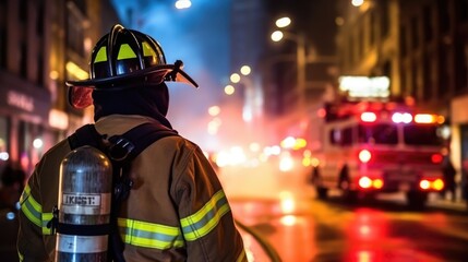 focused firefighter responding to an emergency in a bustling city generative ai - obrazy, fototapety, plakaty