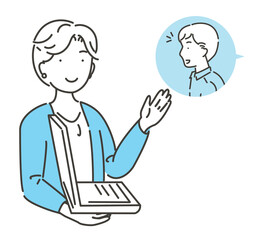 ビジネスウーマンからパソコンで提案や説明を受けるビジネスマンのシンプルな線画のベクターイラスト