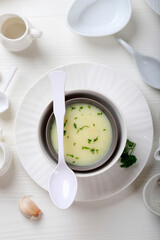 Top View Cream Soup on White Table