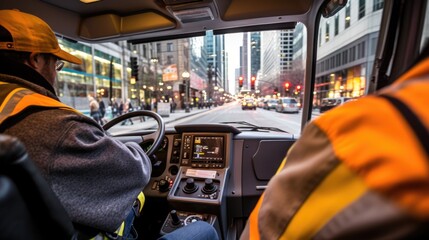 driver navigating a bus through a busy city street, generative ai