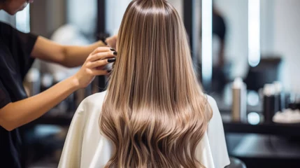 Gordijnen hairdresser styling a client's hair in a modern salon, generative ai © ThisDesign