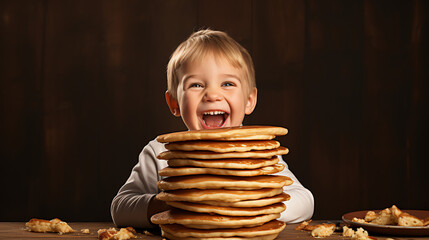 Delightful Moment: Child Enjoying Towering Stack of Pancakes with Butter and Maple Syrup in Wholesome Breakfast Scene