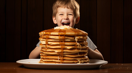 Delightful Moment: Child Enjoying Towering Stack of Pancakes with Butter and Maple Syrup in Wholesome Breakfast Scene