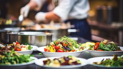 Obraz premium chef preparing a gourmet meal in a bustling restaurant kitchen generative ai